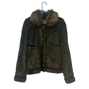 Midnight Velvet Faux Fur Jacket Hook Closure Sleeve and Hem Detail Size Large